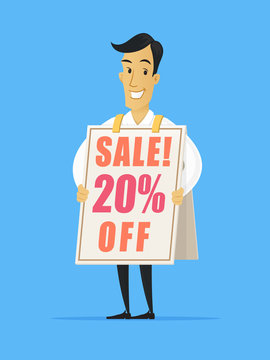 Happy Businessman Wearing Sandwich Advertising Board With Sale Ad Vector Cartoon Illustration