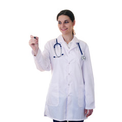 Female doctor assistant scientist in white coat over  isolated background