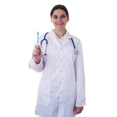 Fototapeta premium Female doctor assistant scientist in white coat over isolated background