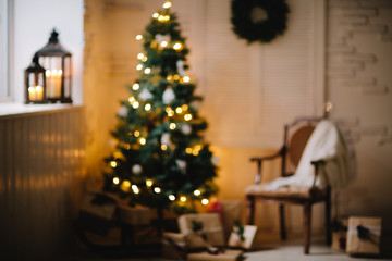beautiful Christmas gifts under tree in new year decorated house interior