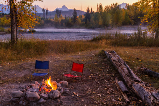 Campfire And Camp Chairs In Glacier National Park