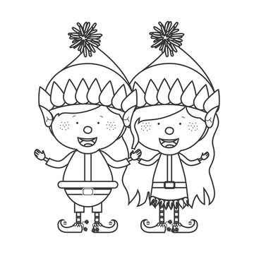 contour with couple of christmas gnome children vector illustration