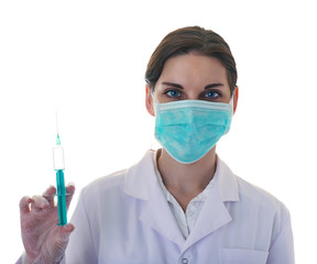 Female doctor assistant scientist in white coat over  isolated background