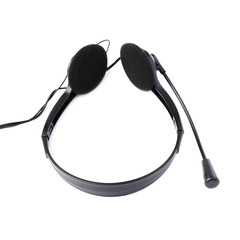 Black computer headset with a microphone isolated over white background