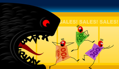 Black Friday and price tags; Monster of Sales devours high prices; Vector cartoon drawing Eps8