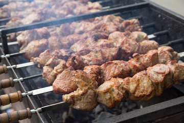 Meat strung on skewers when cooking kebabs. Food