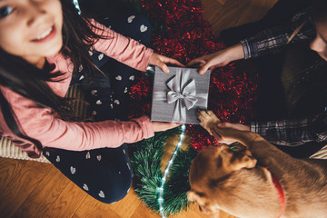 Girl giving friend christmas gift