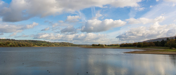 Panorama of Blagdon Lake, Somerset, UK. Resevoir at the edge of the Mendip Hills in England, with flock of birds under blue sky with clouds