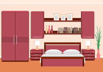 Elegant bedroom interior with furniture, bookshelves, photoframes.