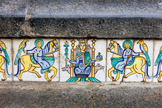 Details of the hand-decorated ceramic tiles of the 18th century Staircase of Santa Maria del Monte, main landmark of Caltagirone, Sicily. The town is famous for it's maiolica and terra-cotta wares.