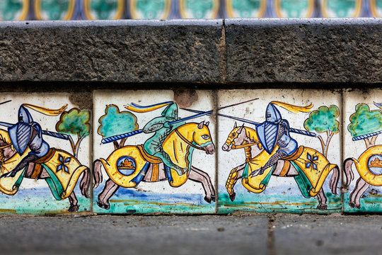 Details of the hand-decorated ceramic tiles of the 18th century Staircase of Santa Maria del Monte, main landmark of Caltagirone, Sicily. The town is famous for it's maiolica and terra-cotta wares.