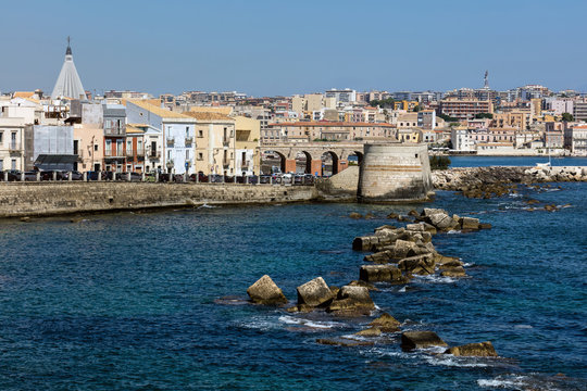 Waterfront of the Ortigia island in Sicily, Italy.