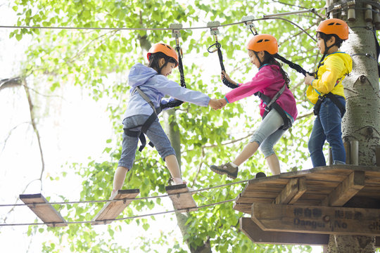 Children playing on monkey bridge in tree top adventure park 