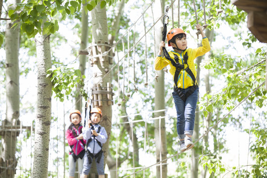 Happy children playing in tree top adventure park