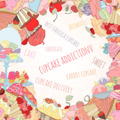 Hand drawn background of doodle style cupcakes