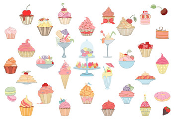 Hand drawn set of doodle style cupcakes