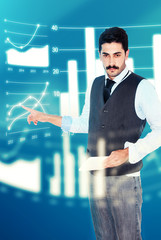 Young mustache businessman giving business graph presentation at bright white background