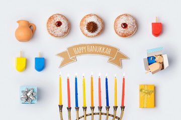 Hanukkah holiday food and objects for mock up template design.View from above. Flat lay