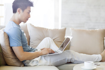 Young man using laptop on the sofa