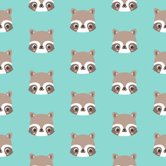  Pattern with doodle raccoons face; animal vector seamless pattern
