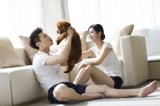 Young couple playing with a pet poodle at home