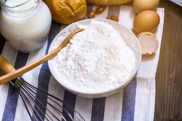 Close up flour and ingredients on Fabric. flour for bake