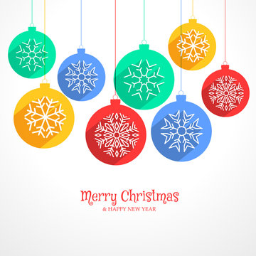 colorful hanging christmas balls background with snowflakes