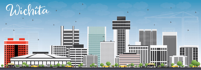 Wichita Skyline with Gray Buildings and Blue Sky.
