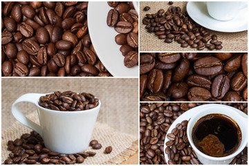 Collage of coffee motif images, decorative wallpaper; napkins, tissues, tiles, tableware mock up.