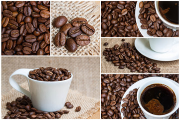 Collage of coffee motif images, decorative wallpaper; napkins, tissues, tiles, tableware mock up.