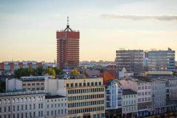 Obraz premium Poznan, Poland - August 30, 2016: View at sunset on economic academy and buildings in polish town Poznan