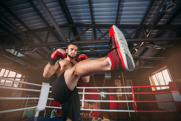 Fighter in red boxing gloves at a training.