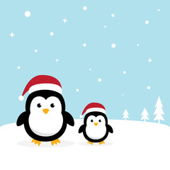 Cute Penguins standing on white snow with Antarctica's winter background. Penguins wearing Santa Claus hat with ice mountain flat design vector illustration.