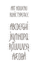 Decorative runic typeface in Scandinavian art nouveau style. Set of condensed sans serif uppercase letters. Vector alphabet isolated on white background.