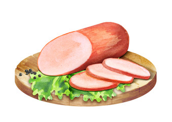 Cooked sausage on the platter. Watercolor
