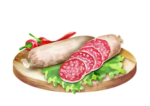 Cervelat sausage with spices on the platter. Watercolor