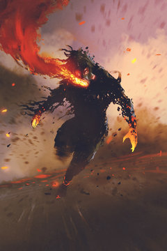 the gas mask man breathing out fire flame,illustration painting