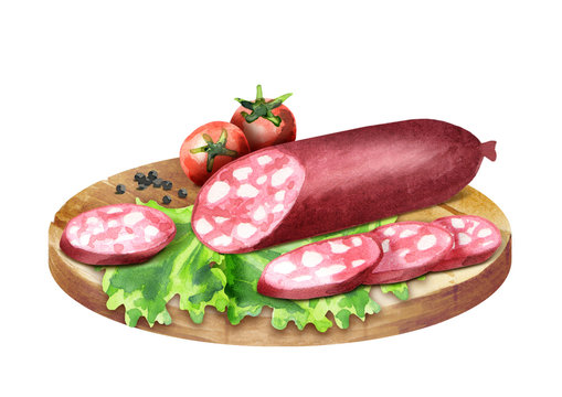 Sausage with spices on the platter. Watercolor