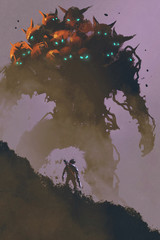 Naklejka premium the warrior facing giant multi-head monster,illustration painting