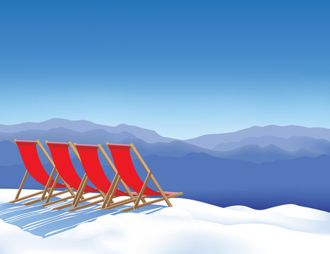 Four Deck Chairs In Snow Waiting For Skiers. Winter Vacations On Winter Resort