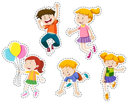 Happy kids running and jumping set