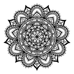 Mandala, highly detailed zentangle inspired illustration, ethnic tribal tattoo motive, black in on white isolated background. Adult coloring book page. Anti-stress illustration.
