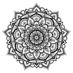 Mandala, highly detailed zentangle inspired illustration, ethnic tribal tattoo motive, black in on white isolated background. Adult coloring book page. Anti-stress illustration.