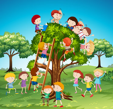 Many children climbing up the tree