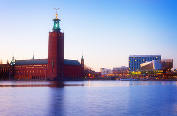 city hall of Stockholm at night, Sweden, toned