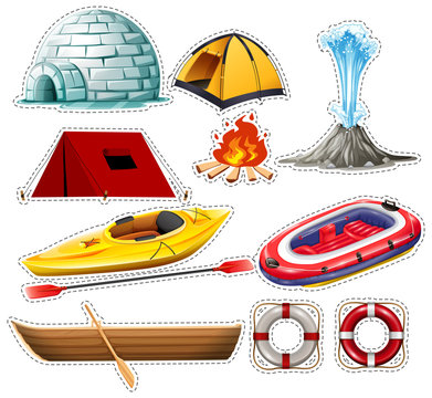 Different kinds of boats and camping things