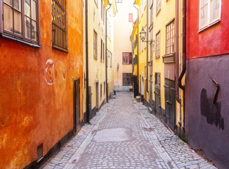 view of old town street in Stockholm, Sweden, toned