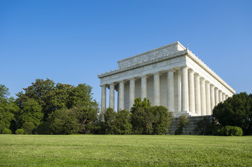 Scenic exterior view of the classical architecture of the Lincoln Memorial in Washington, DC on a...