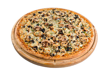 pizza with mushrooms on wooden board. for a directory or menu