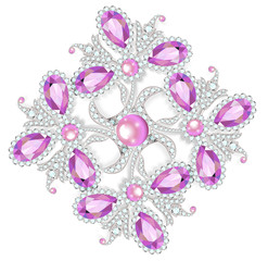 Delicate flower gemstones brooch isolated on white background, v